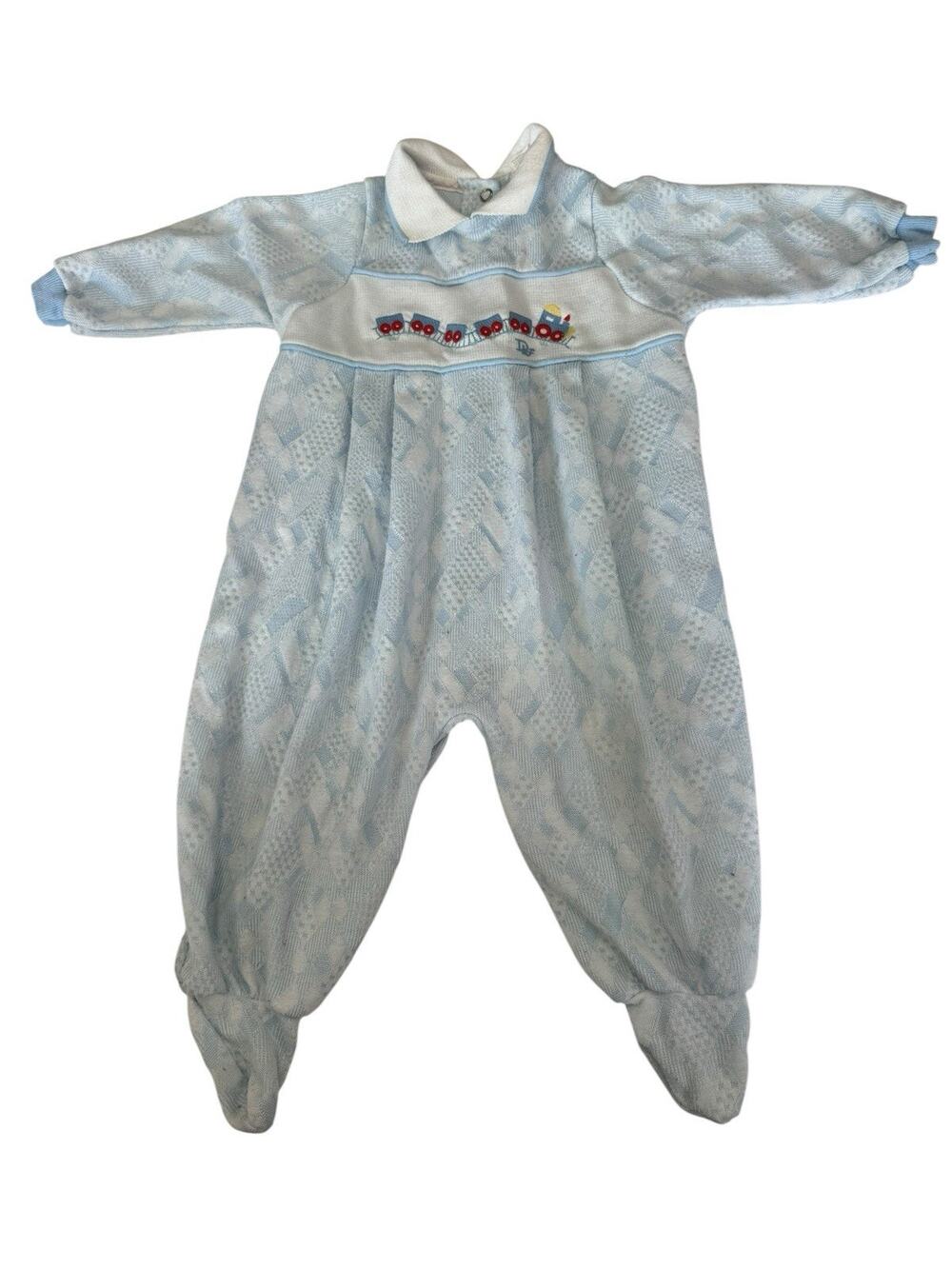 Vintage Baby Dior Sleeper Footed Pajamas White Embroidered Trains L 6-12 Months